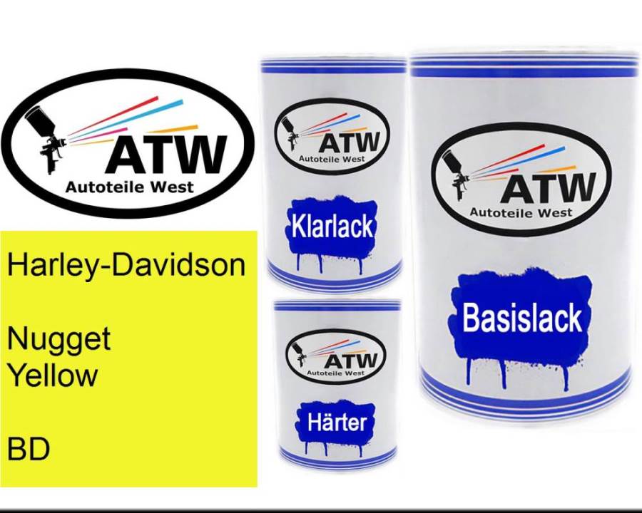 Harley-Davidson, Nugget Yellow, BD: 500ml Lackdose + 500ml Klarlack + 250ml Härter - Set, von ATW Autoteile West.